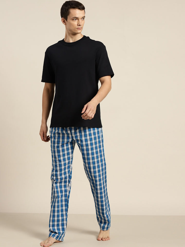 Men Navy Checks Pure Cotton Relaxed Fit Casual Lounge Pant