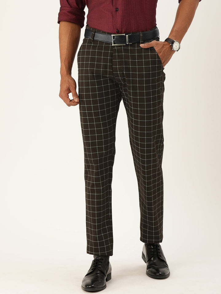 Men Brown Checks Cotton Elastene Slim Fit Formal Trouser