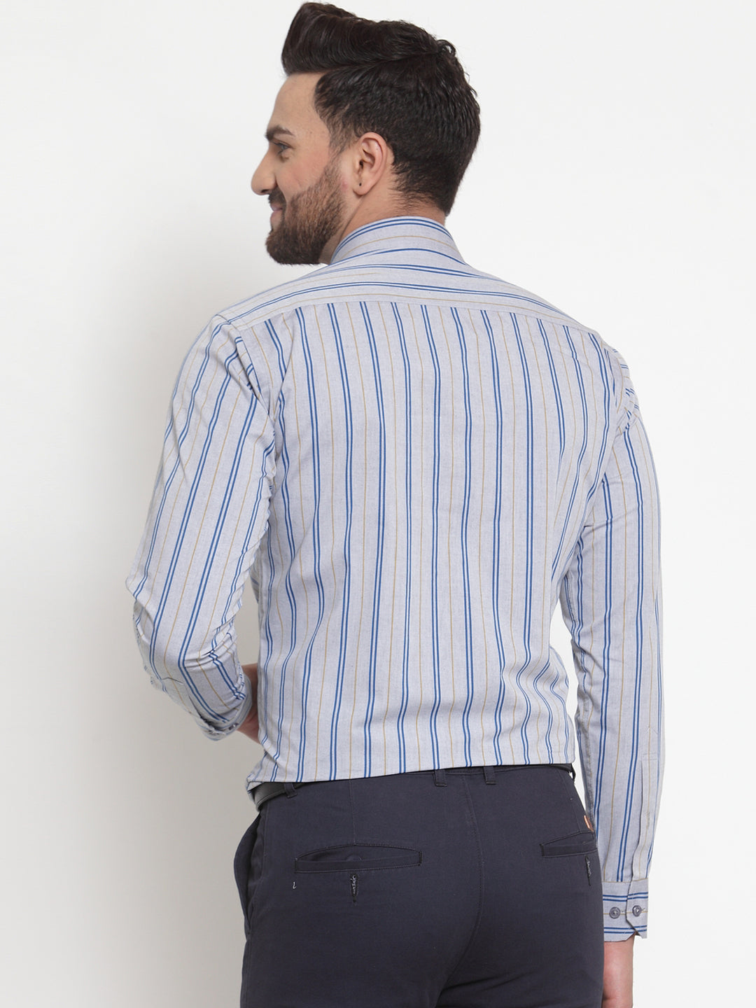 Men Grey Pure Cotton Striped Slim Fit Formal Shirt