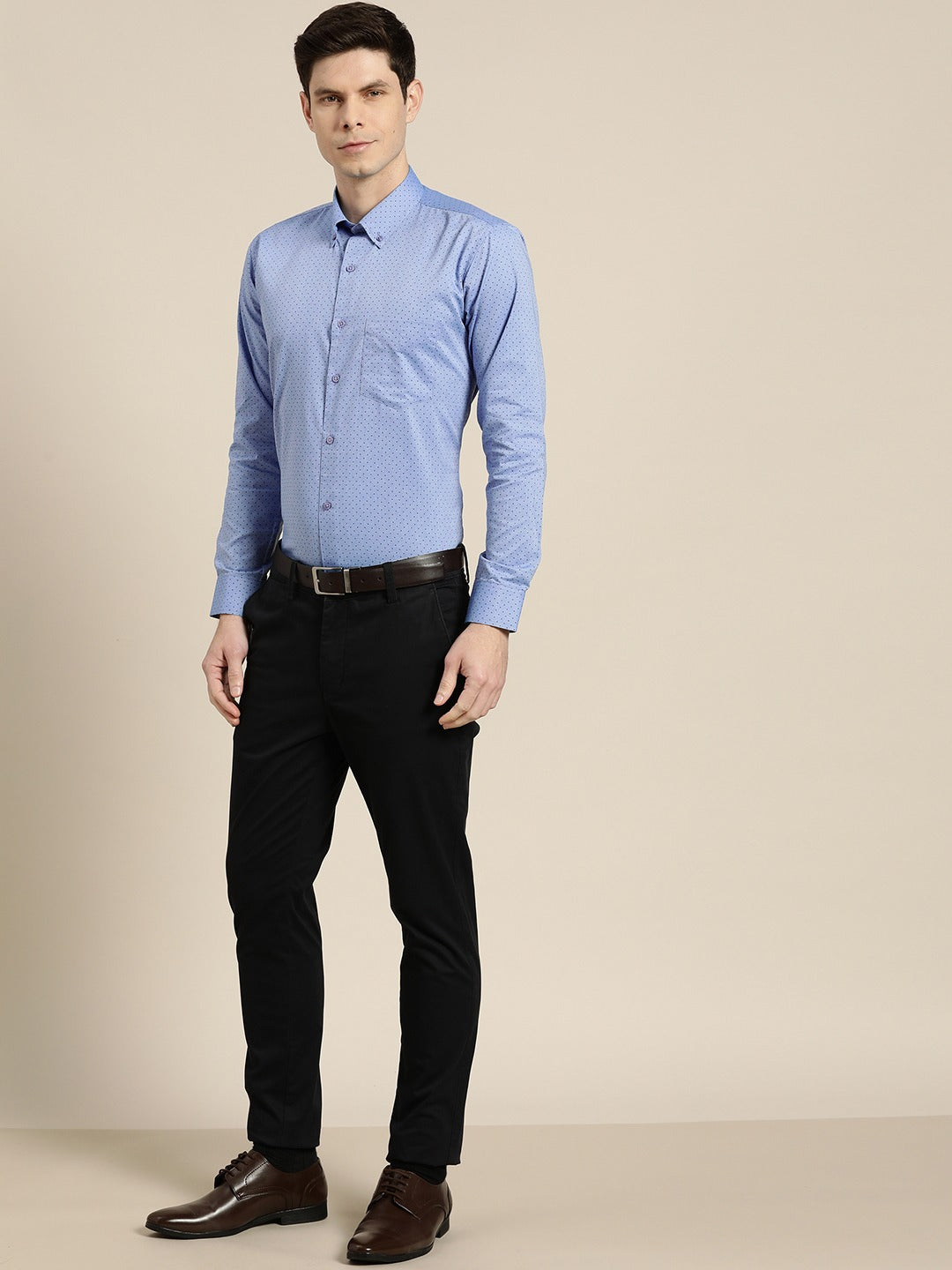 Men Blue Chambray Polka Micro Dot Print Cotton Rich Slim Fit Formal Shirt