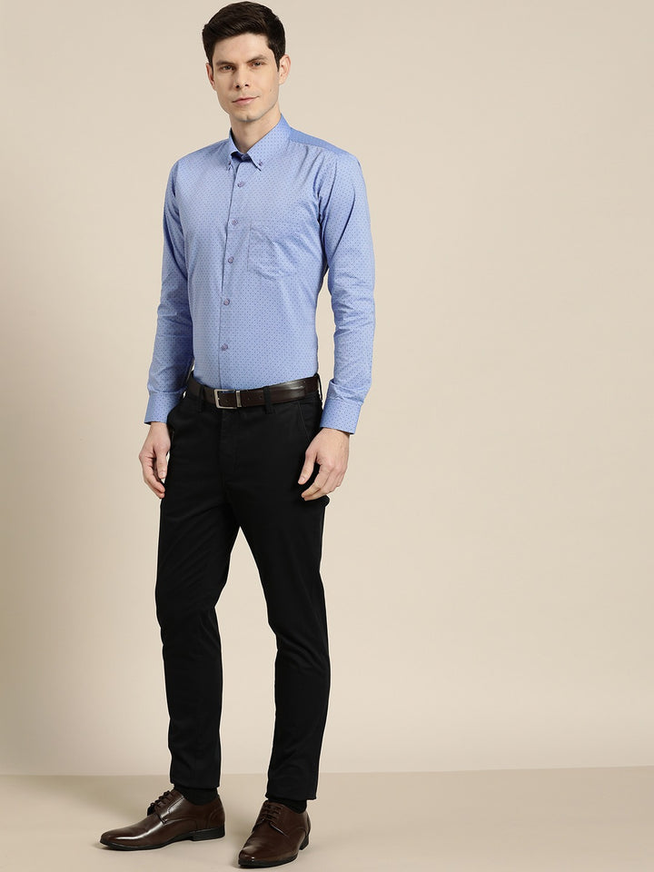 Men Blue Chambray Polka Micro Dot Print Cotton Rich Slim Fit Formal Shirt
