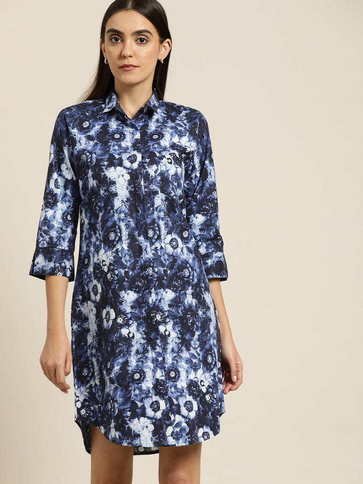 Women Blue & Navy Prints Pure Cotton Regular Fit Formal Dress
