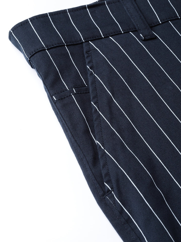 Men Navy Striped Cotton Stretch Slim Fit Formal Trouser