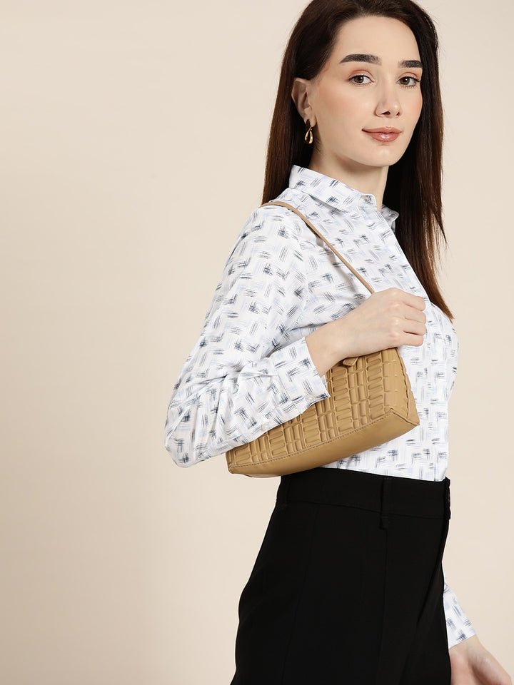 Women White & Navy Printed Pure Cotton Slim Fit Formal Shirt