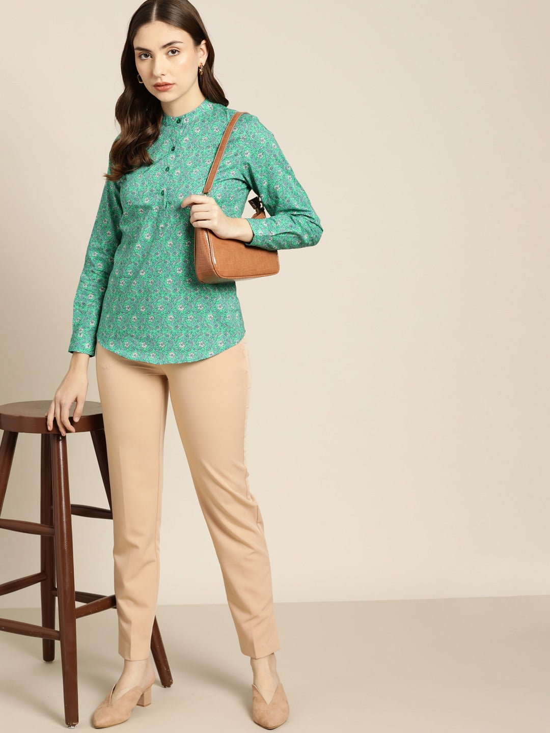 Women Green Printed Pure Cotton Slim Fit Formal Top