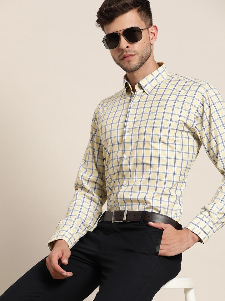 Men Yellow & Navy Checked Cotton Rich Slim Fit Formal Shirt