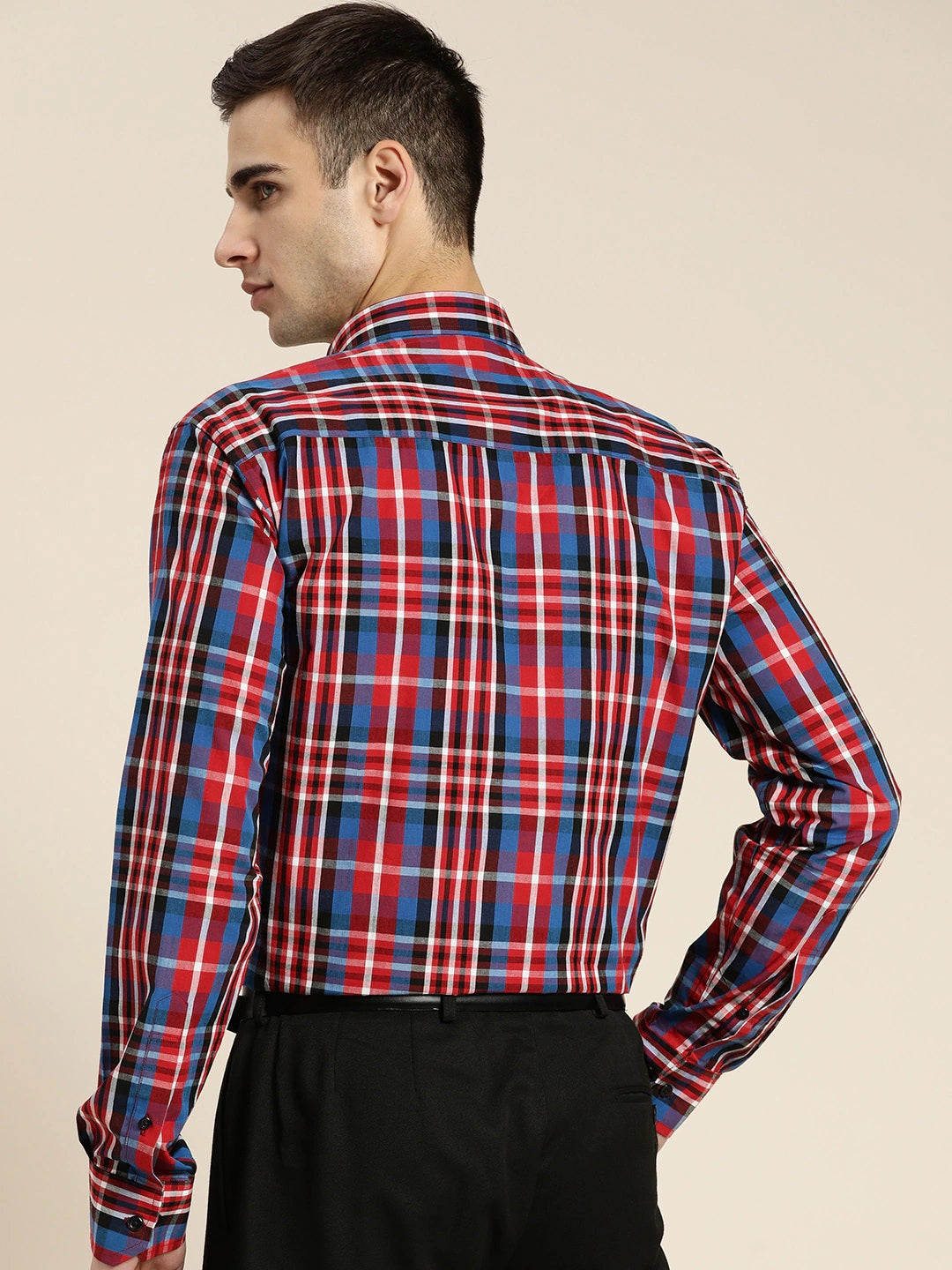 Men Blue & Red Checks Pure Cotton Slim Fit Formal Shirt