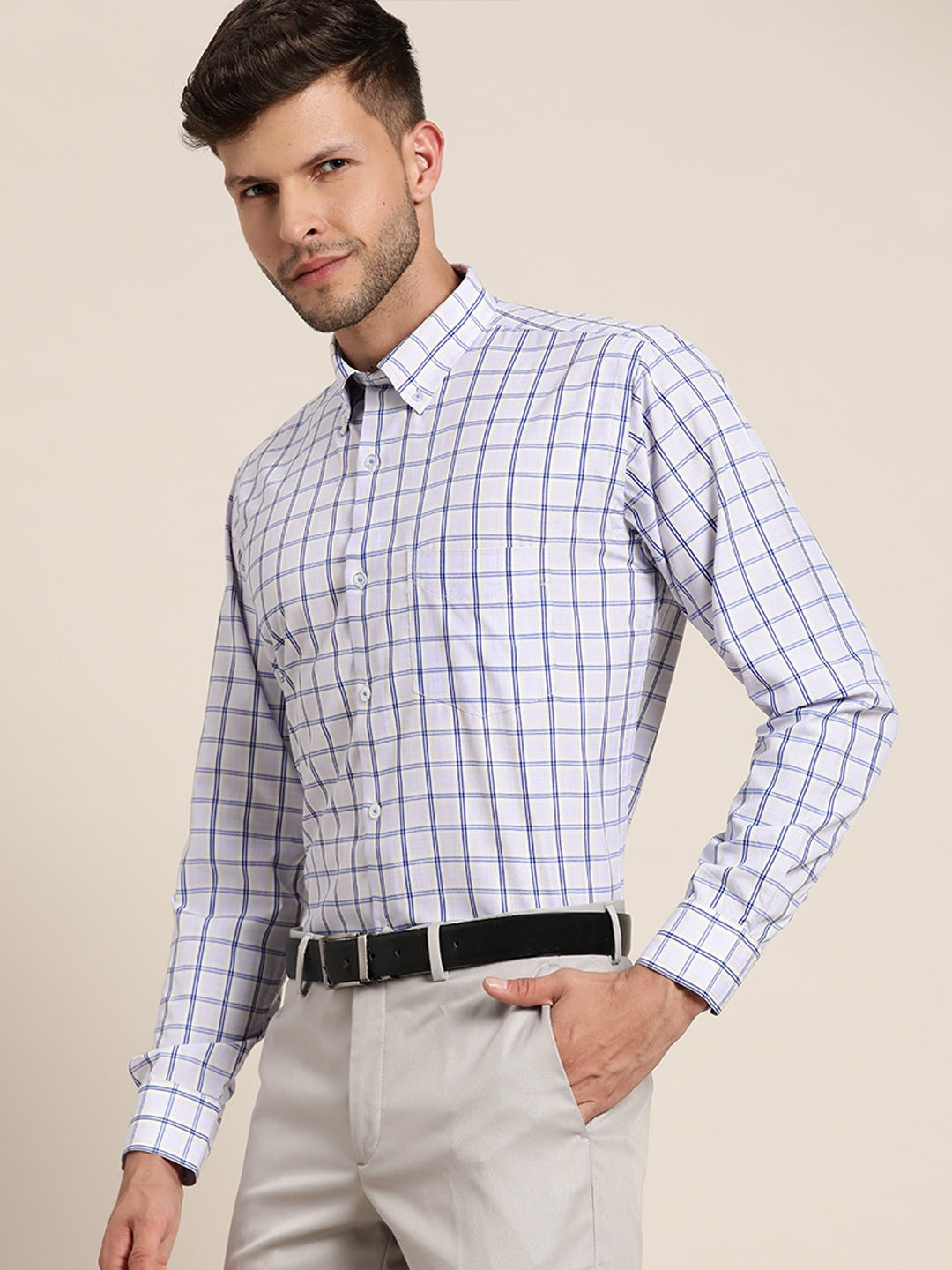 Men Blue & Navy Checked Cotton Rich Slim Fit Formal Shirt