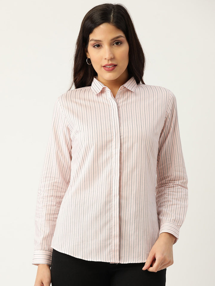 Women Pink Stripes Pure Cotton Slim Fit Formal Shirt