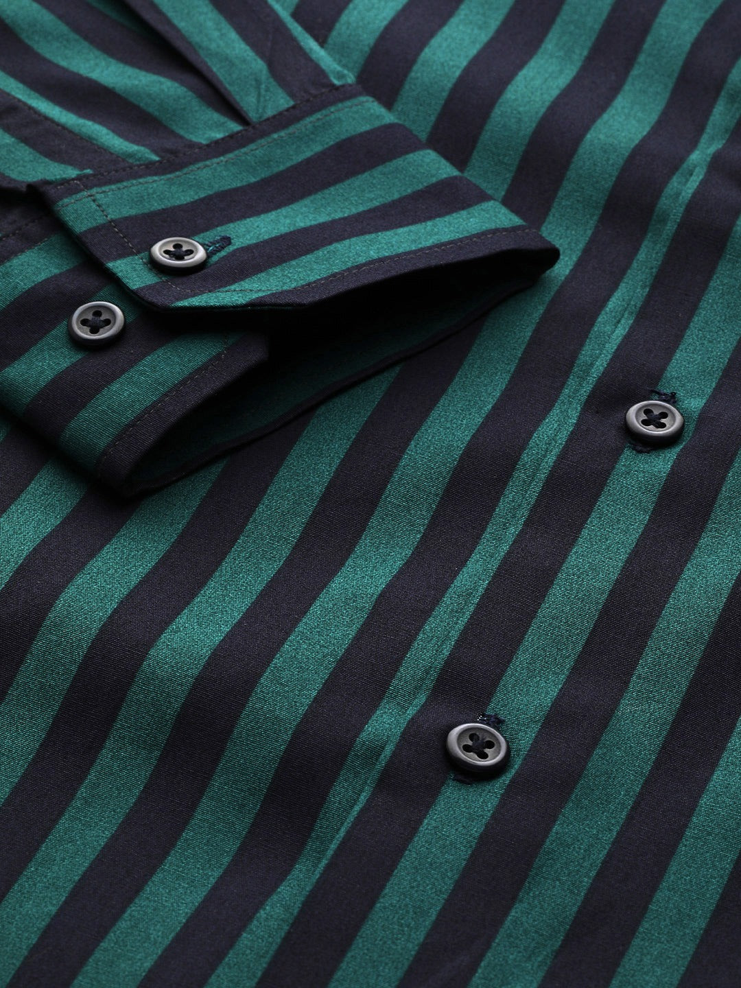 Men Green & Black Stripes Pure Cotton Slim Fit Formal Shirt