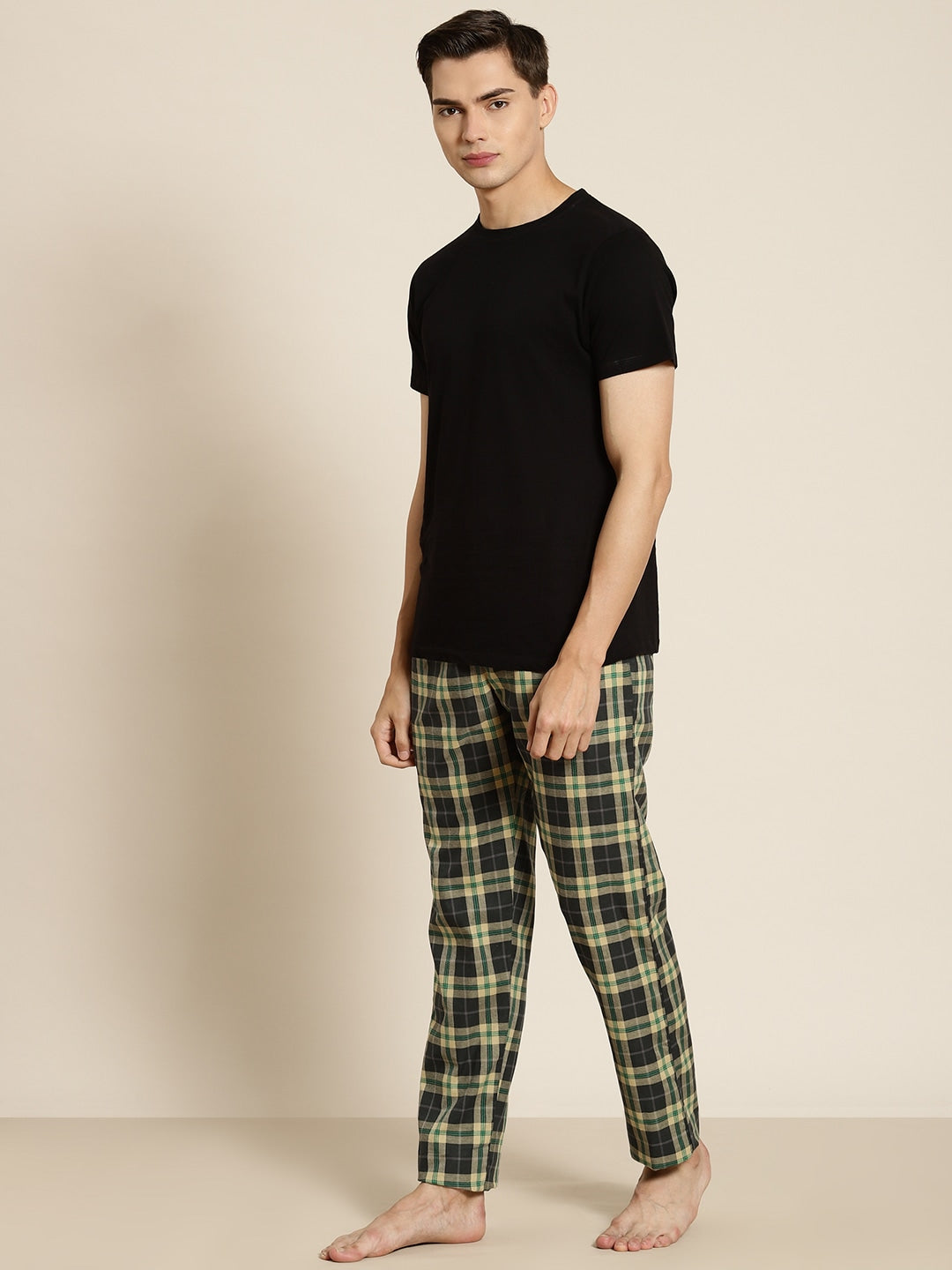 Men Navy-Beige Checks Pure Cotton Relaxed Fit Casual Lounge Pant