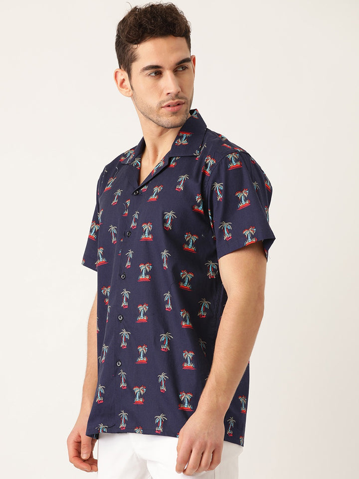 Men Navy Printed Pure Cotton Relaxed Fit Casual Resort Shirt