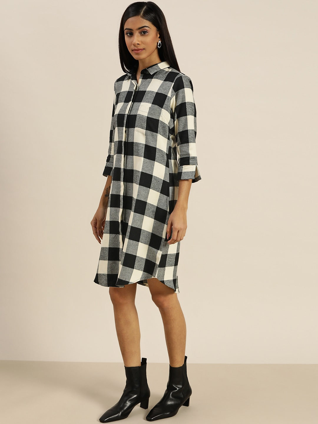 Women Black & Grey Checks Pure Cotton Regular Fit Formal Dress