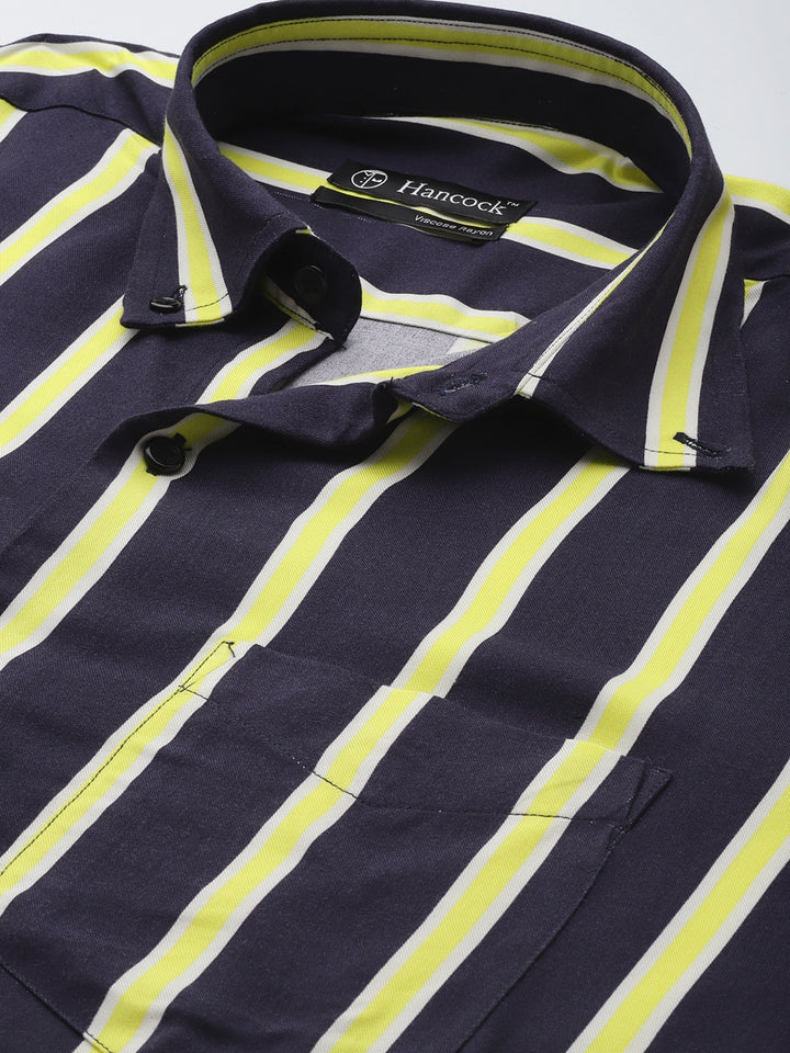 Men Navy & Yellow Striped Viscose Rayon Slim Fit Casual Shirt