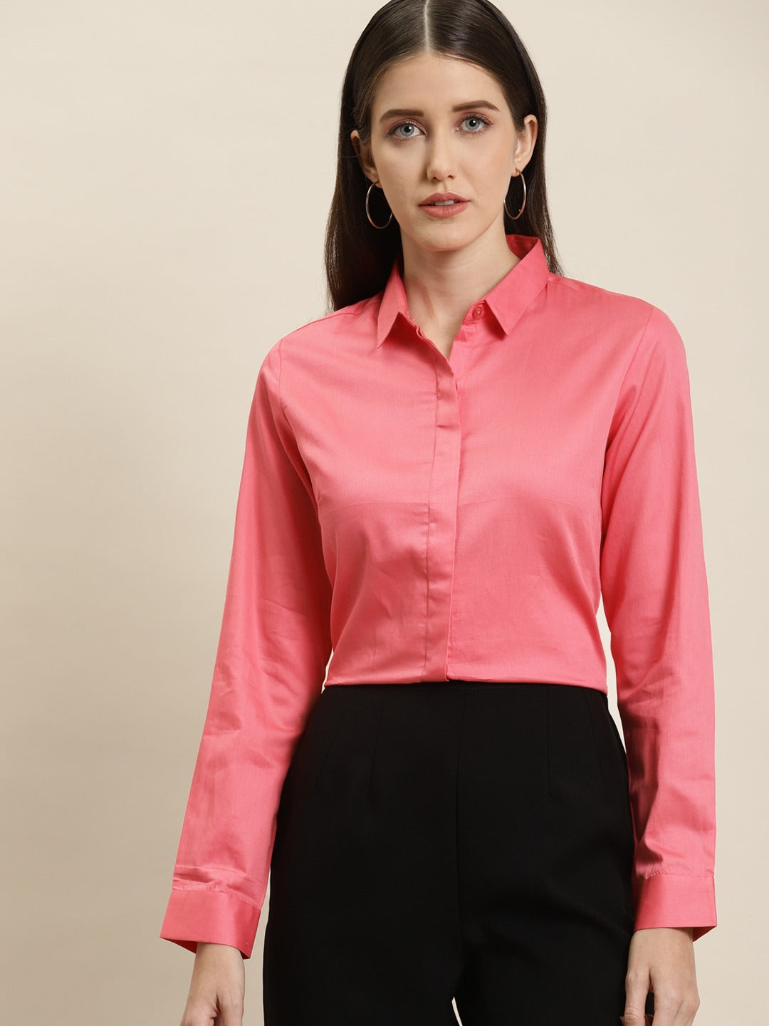 Women Coral Solid Pure Cotton Satin Slim Fit Formal Shirt