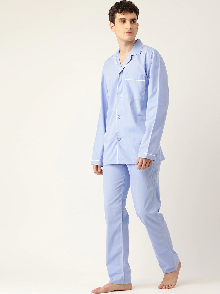 Men Blue Solids Pure Cotton Regular Fit Night Wear Night Suit