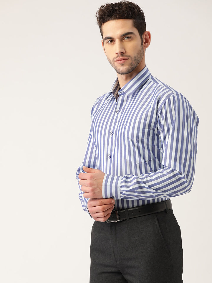Men Blue Stripes Pure Cotton Slim Fit Formal Shirt