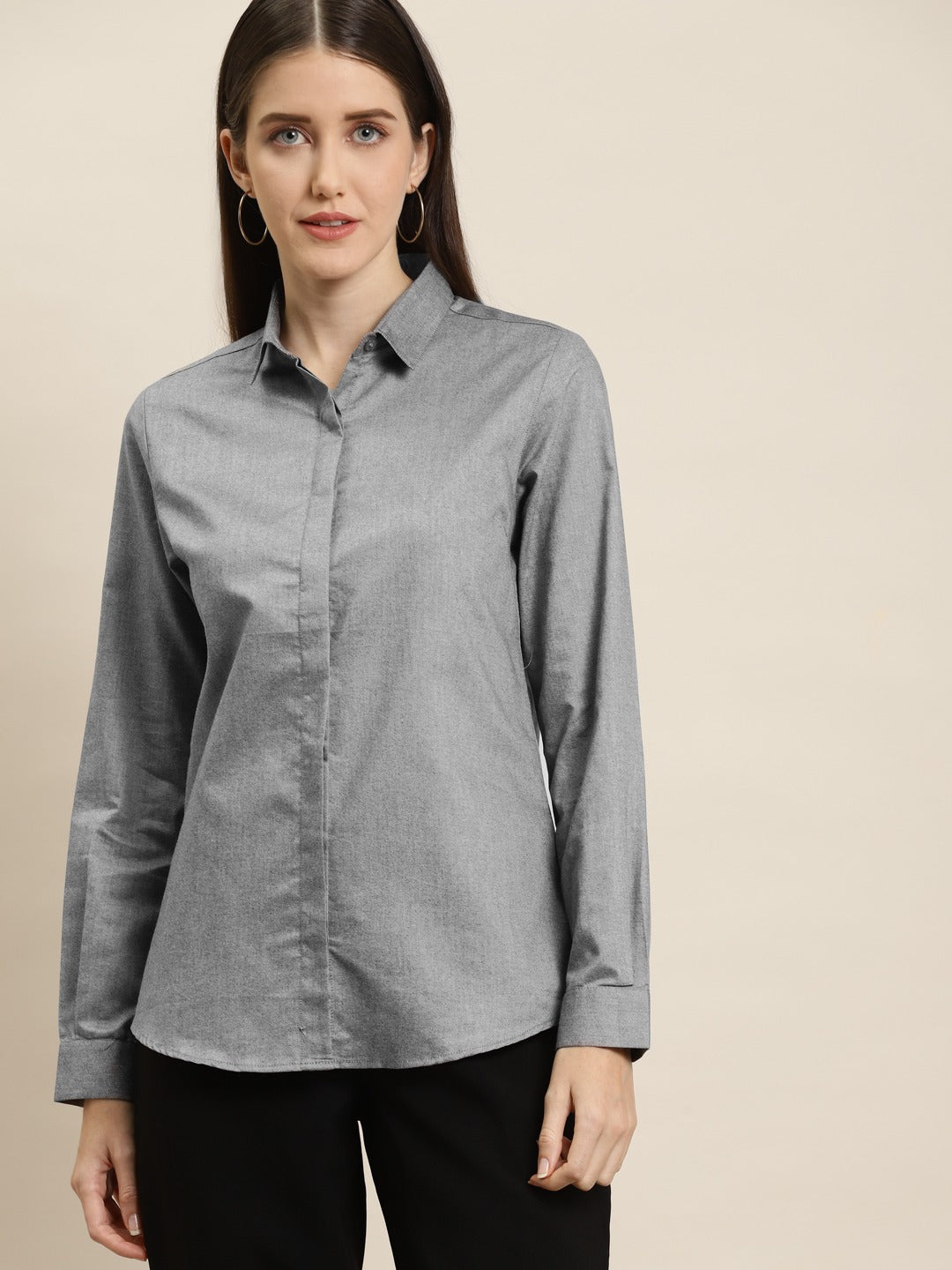 Women Grey Solid Chambray Cotton Rich Slim Fit Formal Shirt