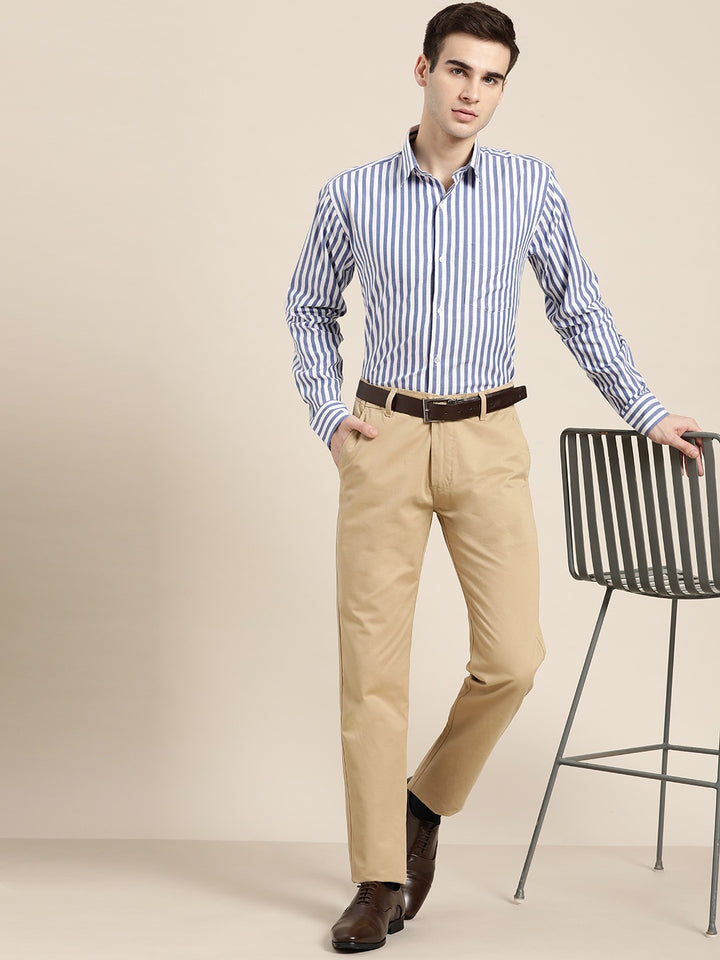 Men Blue & White Stripes Pure Cotton Slim Fit Formal Shirt