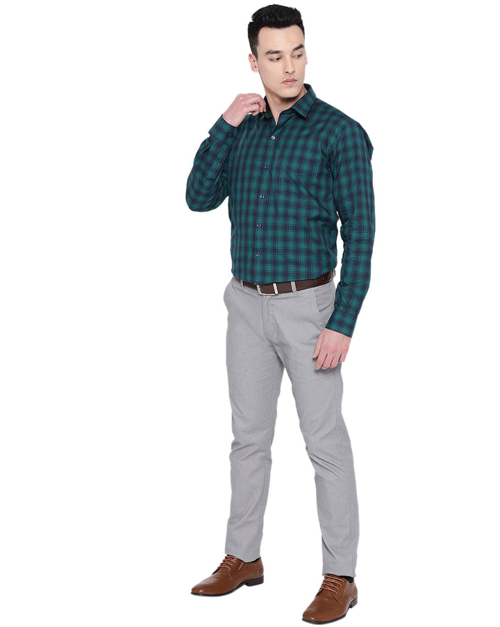 Men Green & Navy Cotton Checked Slim Fit Formal Shirt