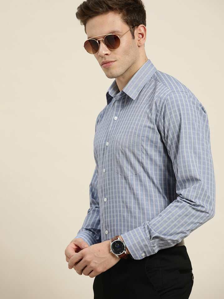 Men Blue-Grey Checks Cotton Rich Slim Fit Formal Shirt
