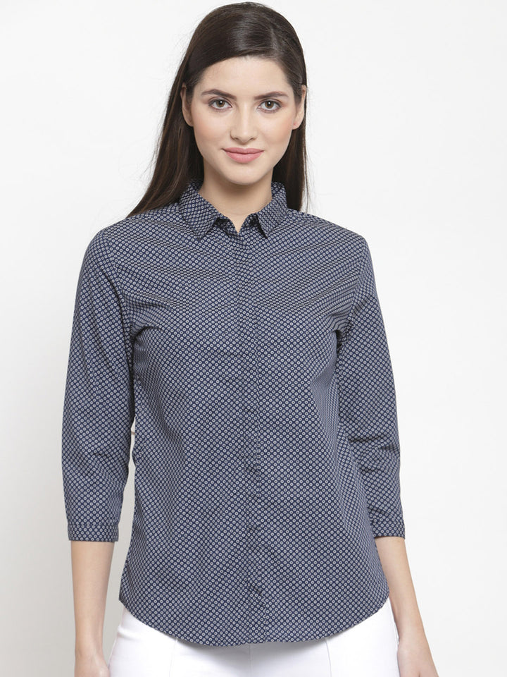 Women Navy Pure Cotton Printed Slim Fit Formal Shirt