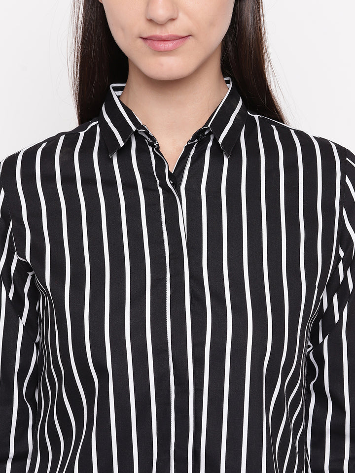 Women Black Pure Cotton Striped Slim Fit Formal Shirt