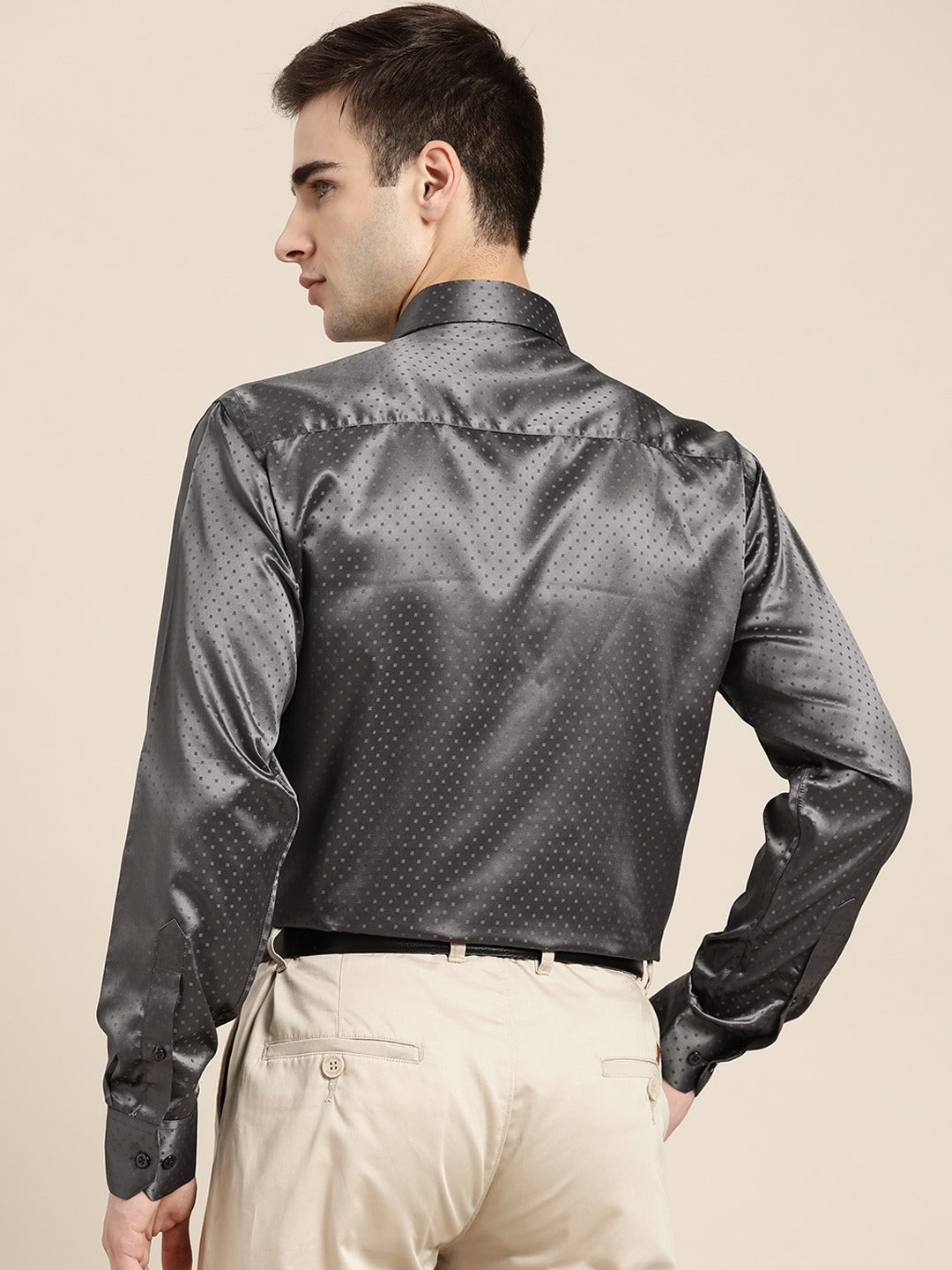 Men Grey Solid Self Design Polyester Satin Slim Fit Party Formal Shirt