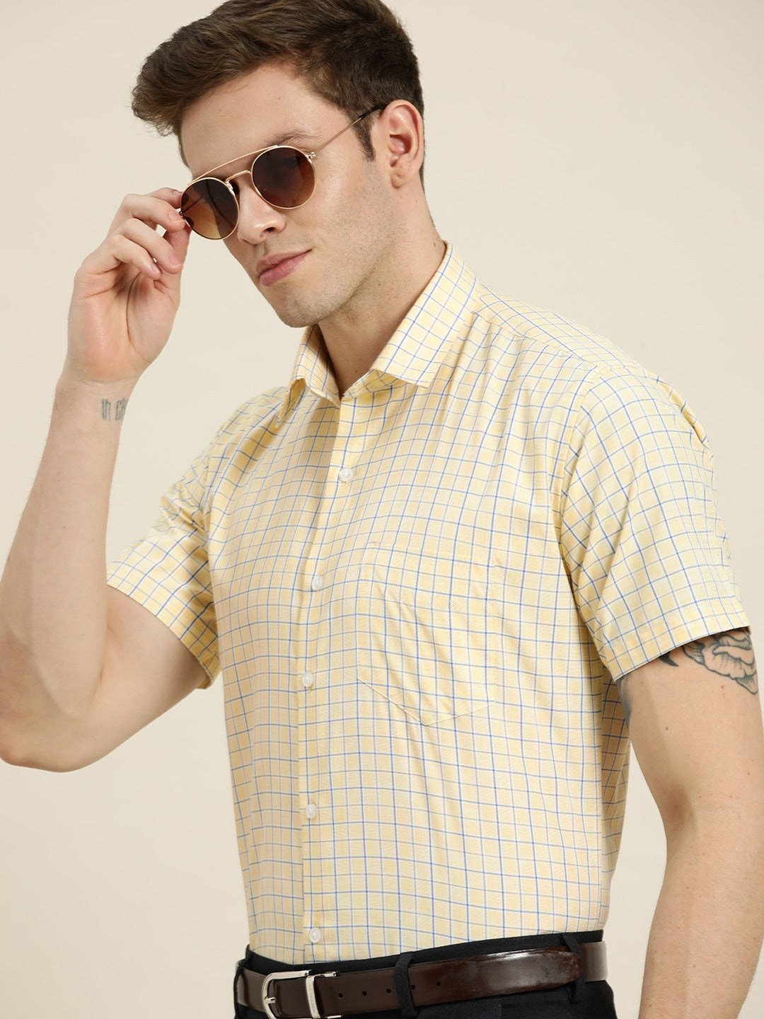 Men Yellow Checks Cotton Rich Slim Fit Formal Shirt