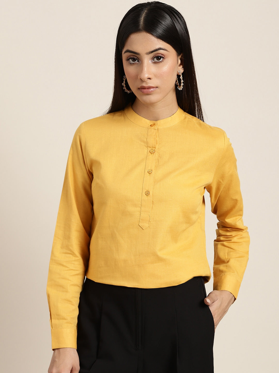 Women Mustard Solids Pure Cotton Slim Fit Formal Top