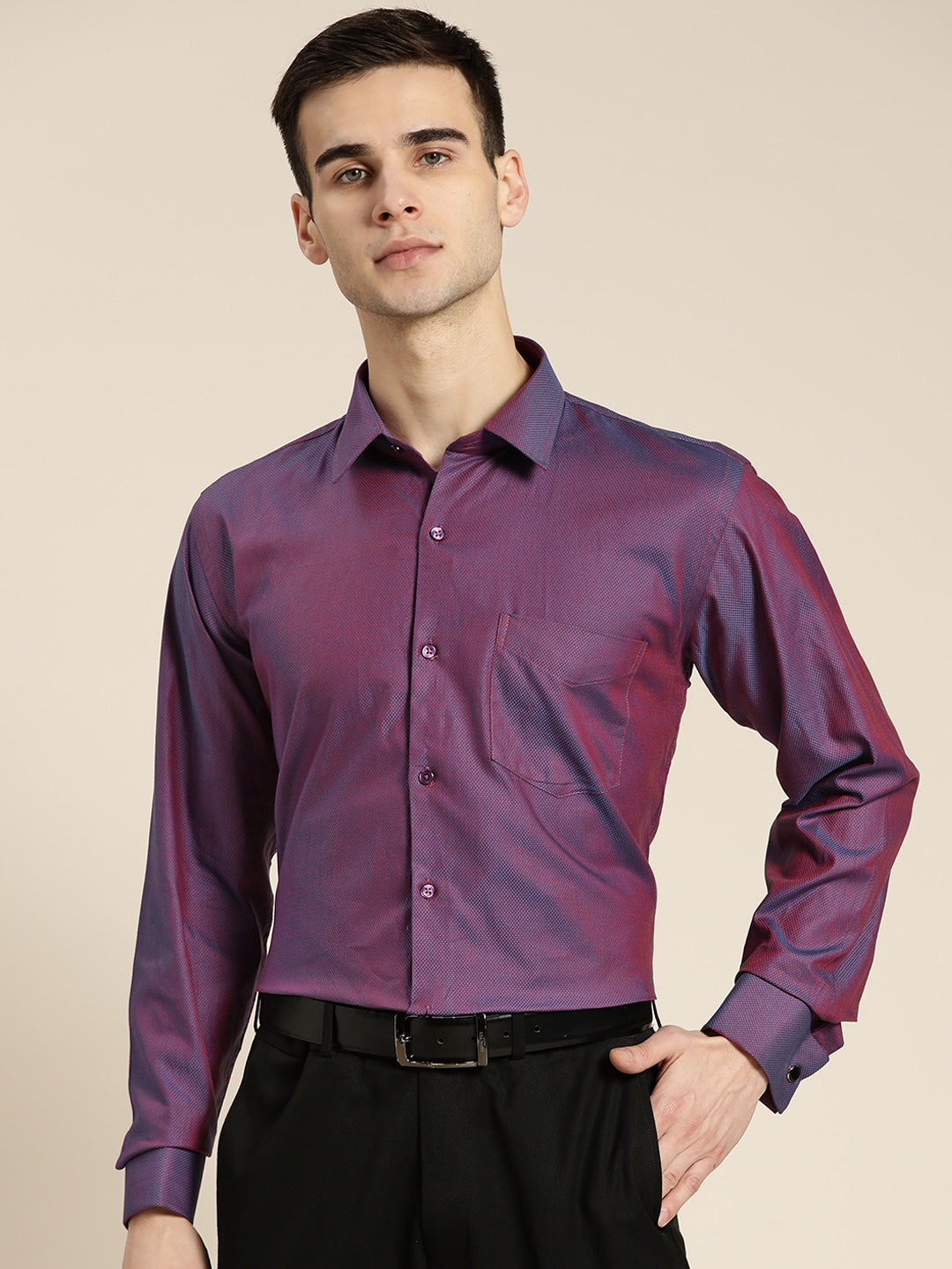 Men Wine Solid Self Design French Cuff Pure Cotton Slim Fit Formal Shirt