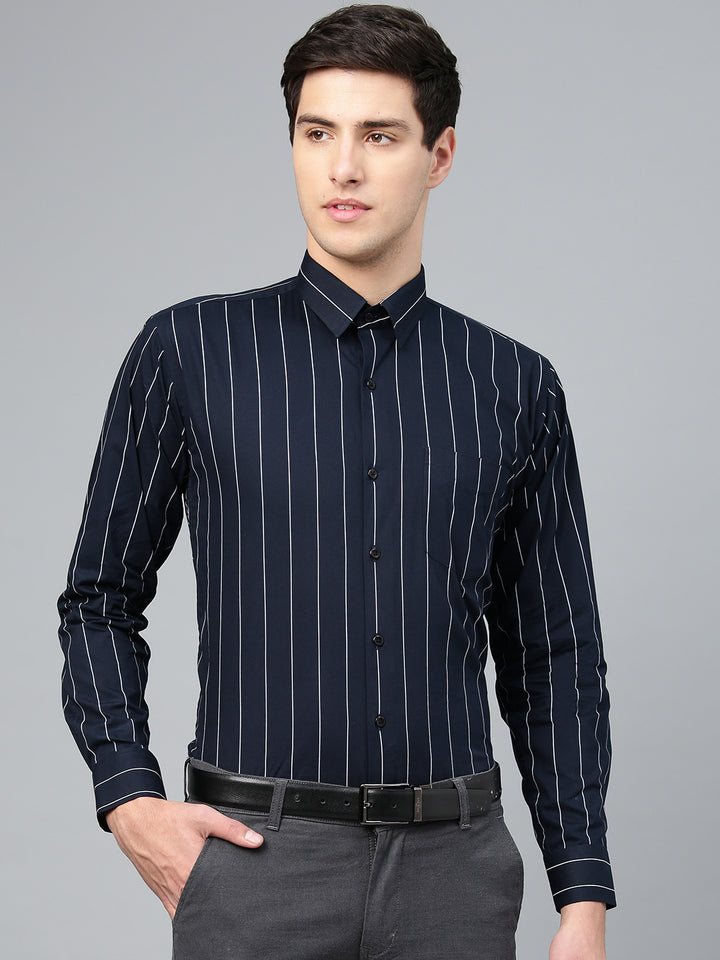 Men Navy Pure Cotton Striped Slim Fit Formal Shirt