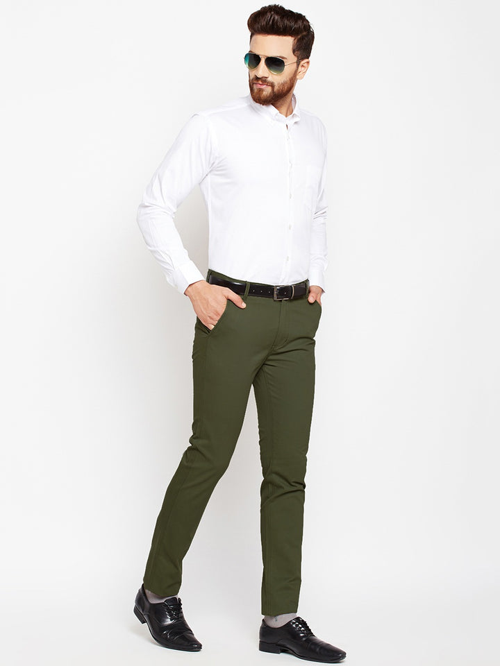 Men Dark Olive Solids Pure Cotton Slim Fit Formal Trouser