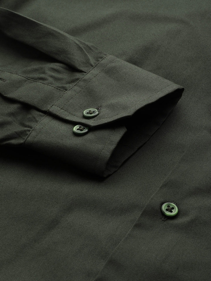 Men Olive Solid Button Down Collar Pure Cotton Regular Fit Formal Shirt