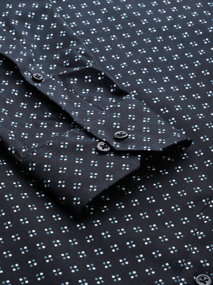 Men Navy Blue Prints Pure Cotton Slim Fit Formal Shirt
