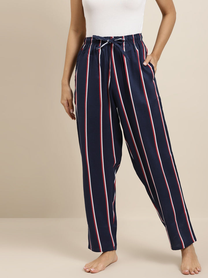 Women Navy Stripes Viscose Rayon Relaxed Fit Casual Lounge Pant