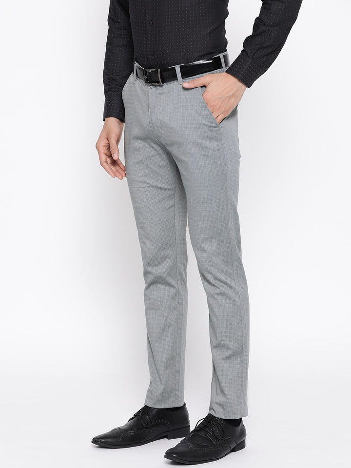 Men Bluish Grey Checked Cotton Stretch Slim Fit Formal Trouser
