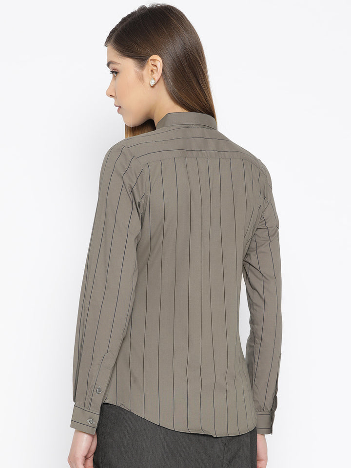 Women Grey Pure Cotton Striped Slim Fit Formal Shirt