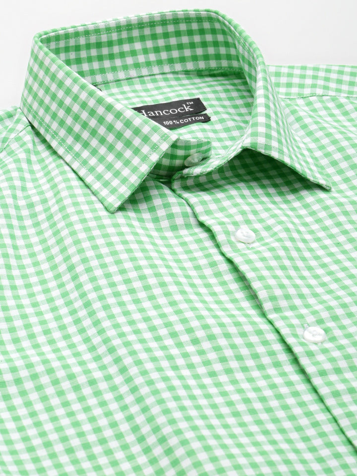 Men Green & White Checked Pure Cotton Short Sleeve Slim Fit Formal Shirt