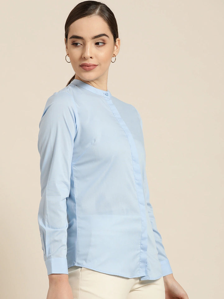 Women Sky Blue Solid Pure Cotton Slim Fit Formal Shirt