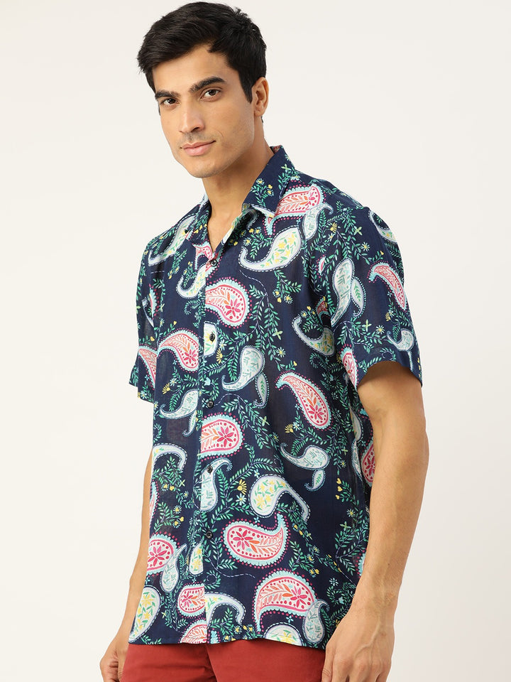 Men Navy Blue Printed Viscose Rayon Relaxed Fit Casual Resort Shirt