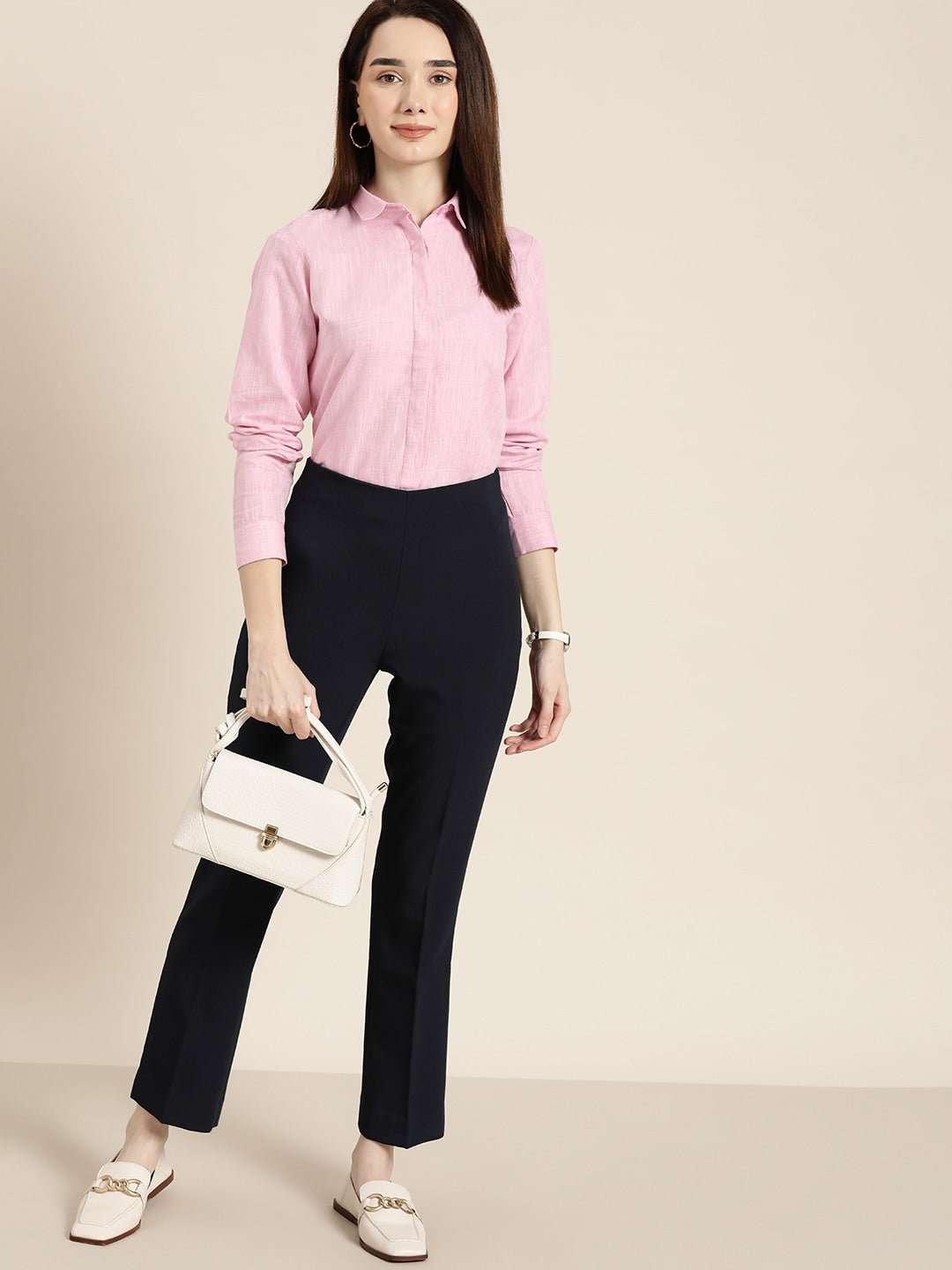 Women Pink Solid Linen Cotton Slim Fit Formal Shirt