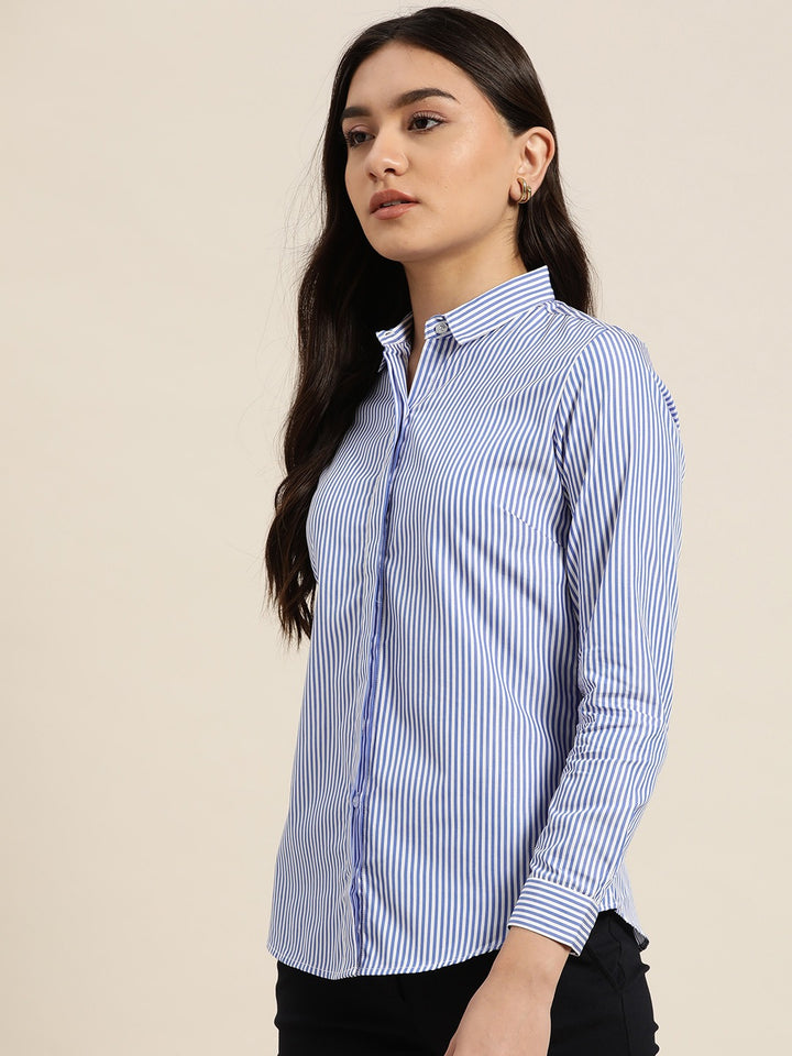 Women White & Blue Stripes Pure Cotton Slim Fit Formal Shirt