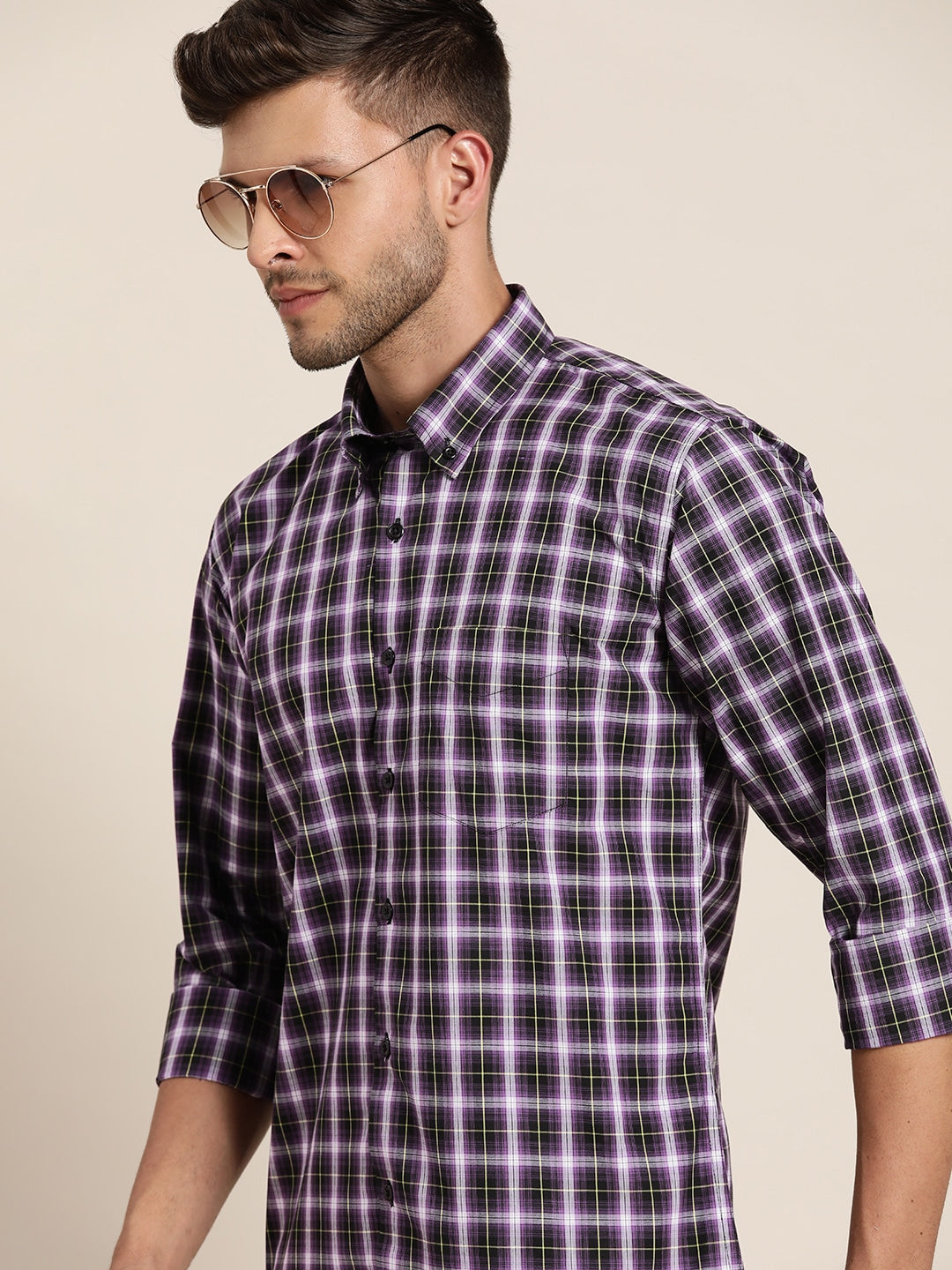 Men Mauve & Black Checked Pure Cotton Slim Fit Casual Shirt