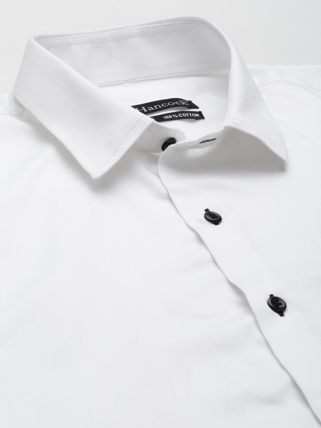 Men White Solid Black Buttons Pure Cotton Slim Fit Formal Shirt