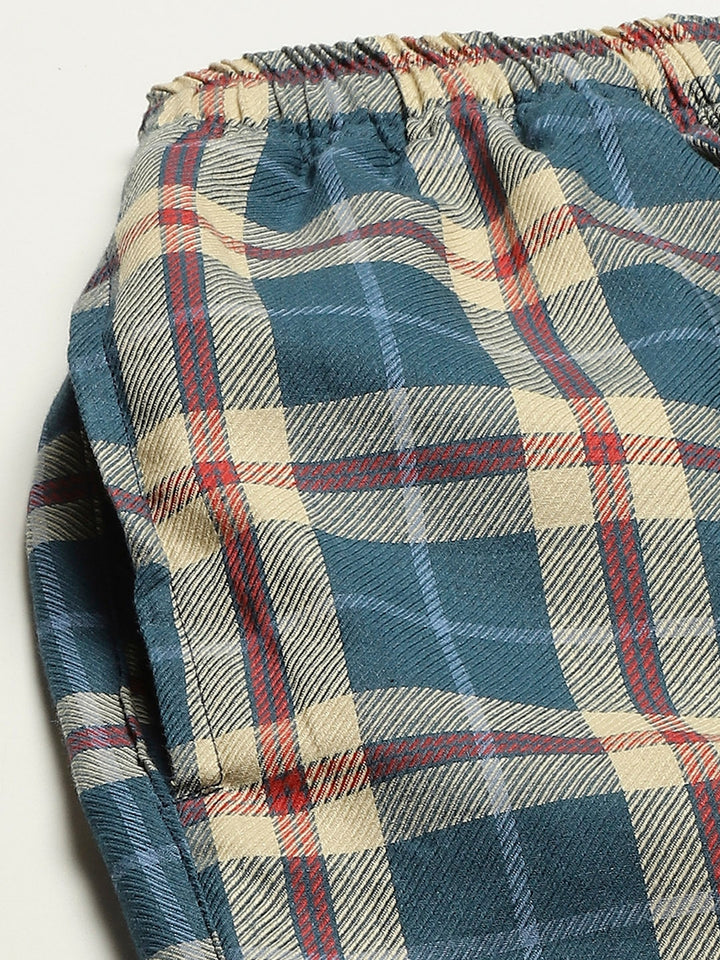 Men Turquoise-Beige Checks Pure Cotton Relaxed Fit Casual Lounge Pant