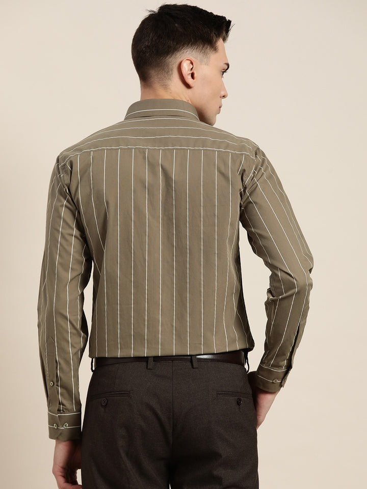 Men Olive Stripes Pure Cotton Slim Fit Formal Shirt