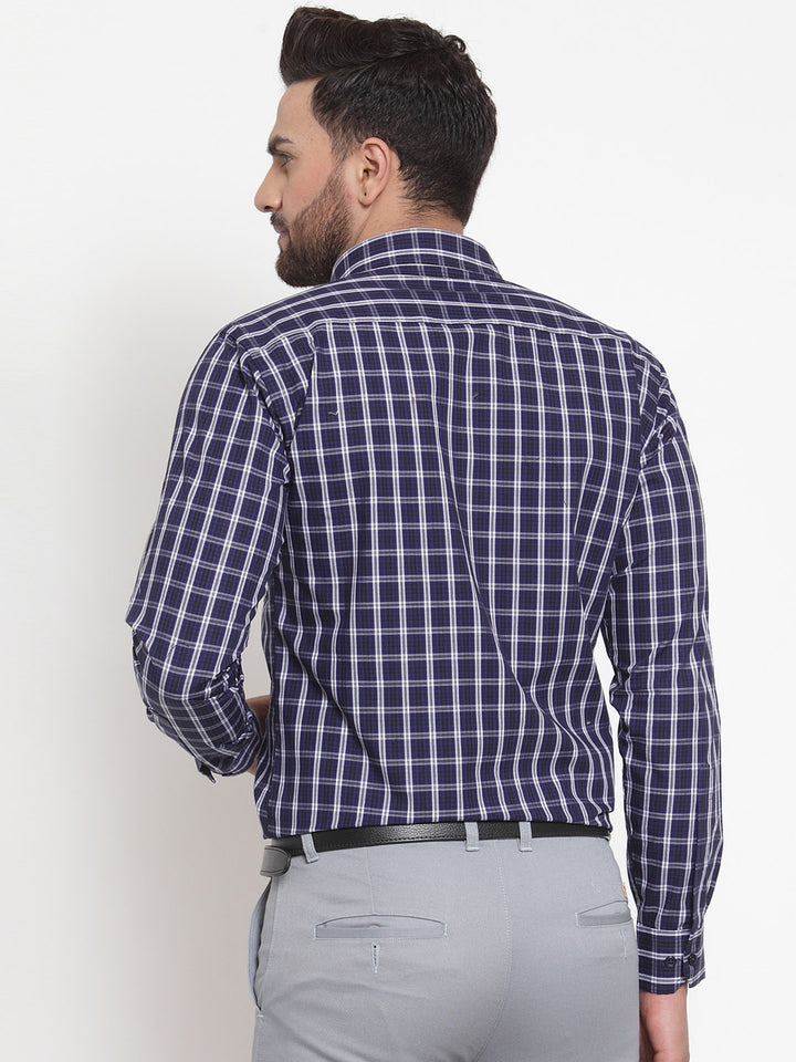 Men Navy Pure Cotton Checked Slim Fit Formal Shirt