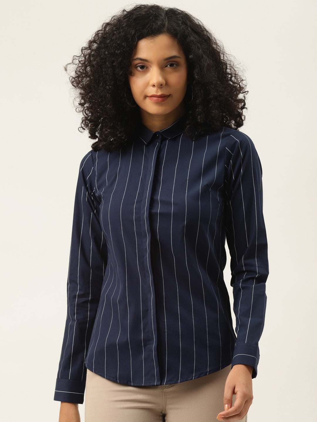 Women Navy Stripes Pure Cotton Slim Fit Formal Shirt