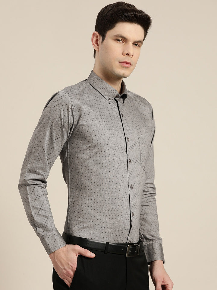 Men Grey Chambray Polka Micro Dot Print Cotton Rich Slim Fit Formal Shirt